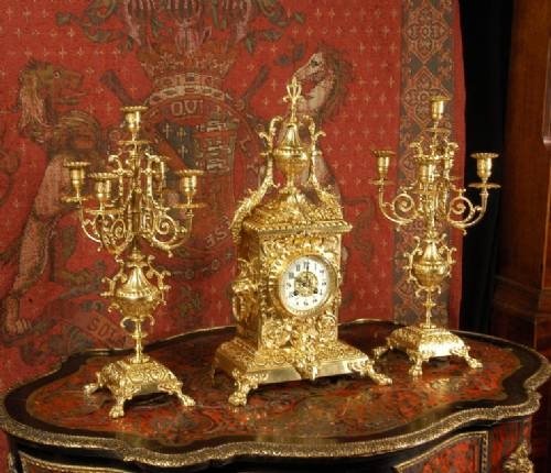 fig 2. ***** SOLD ***** Large Gilded Brass Gothic Clock Set by Jos Leemans, Brussels.